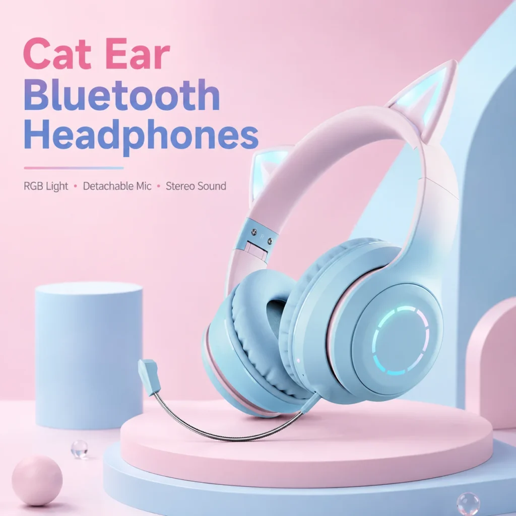 Auriculares con Orejas de Gato, Bluetooth 5.1, Inalámbricos, con Luz RGB, Micrófono Desmontable, Controladores Estéreo de 40 mm, para Juegos, Llamadas y Música - AliExpress