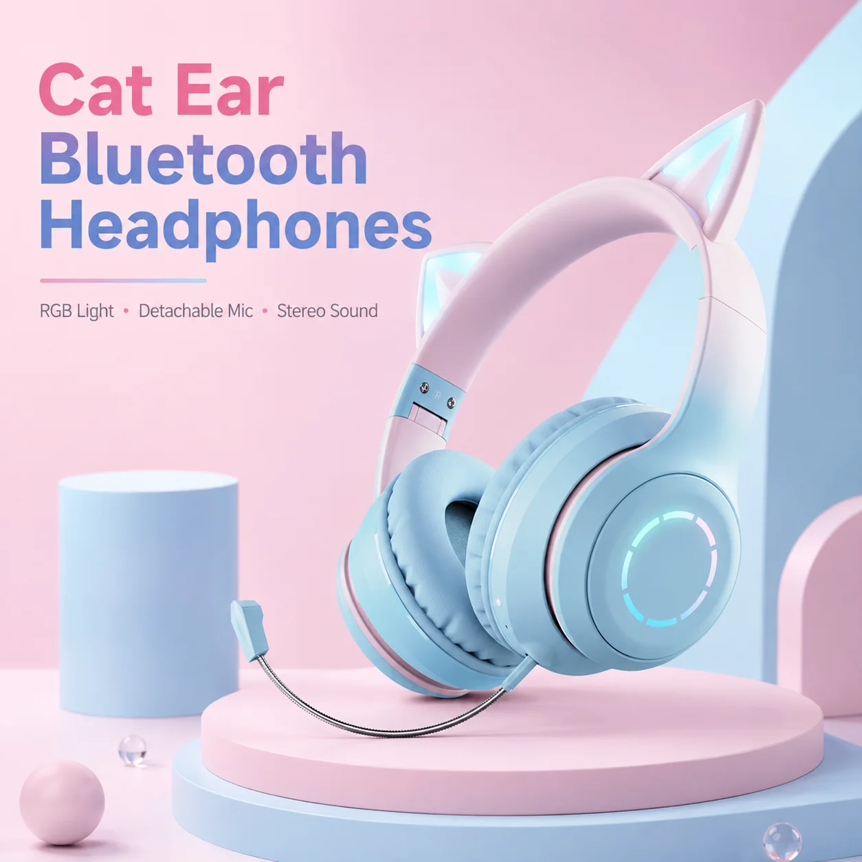 Auriculares con Orejas de Gato, Bluetooth 5.1, Inalámbricos, con Luz RGB, Micrófono Desmontable, Controladores Estéreo de 40 mm, para Juegos, Llamadas y Música - AliExpress