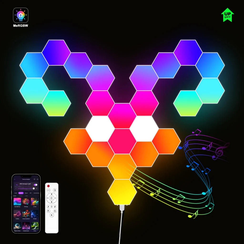 Lámpara de pared Hexagonal LED inteligente, Panel cuántico, sincronización de música, Control por aplicación para sala de juegos, dormitorio, decoración para sala de estar, regalo de cumpleaños y Navidad