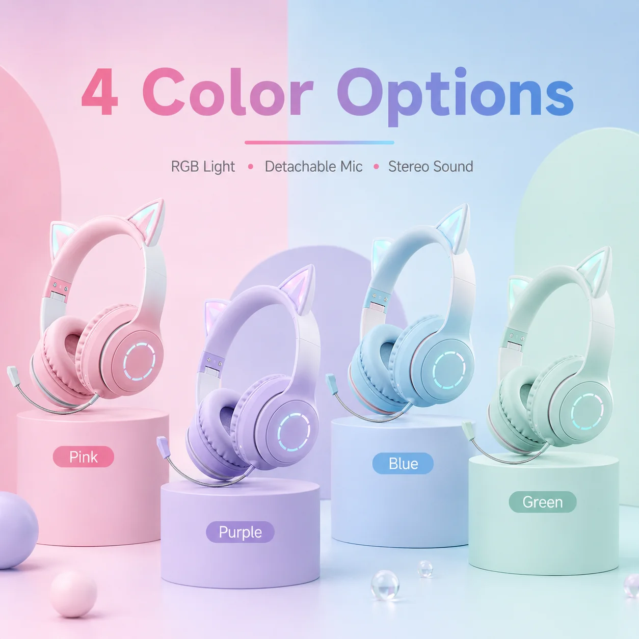 Auriculares con Orejas de Gato, Bluetooth 5.1, Inalámbricos, con Luz RGB, Micrófono Desmontable, Controladores Estéreo de 40 mm, para Juegos, Llamadas y Música - AliExpress - Imagen 3