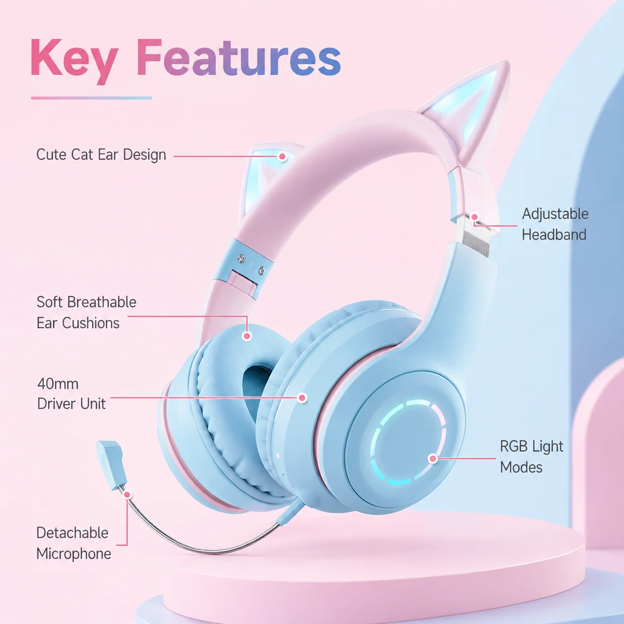 Auriculares con Orejas de Gato, Bluetooth 5.1, Inalámbricos, con Luz RGB, Micrófono Desmontable, Controladores Estéreo de 40 mm, para Juegos, Llamadas y Música - AliExpress - Imagen 4