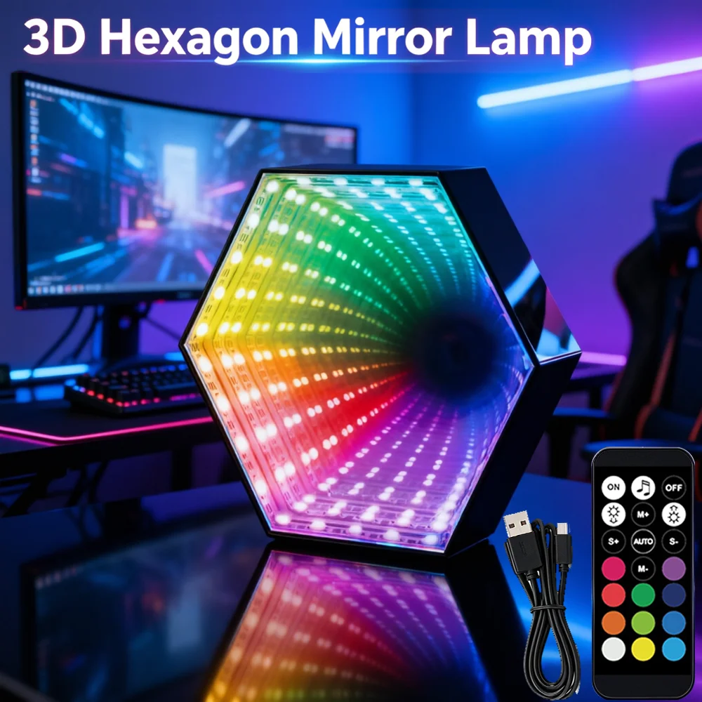 Lámpara de Pared Inteligente RGB de 5V, Luz Nocturna Ambiental que Cambia de Color, Luz de Túnel Hexagonal 3D con Espejo, Ritmo Musical, Control Remoto, para Sala de Juegos