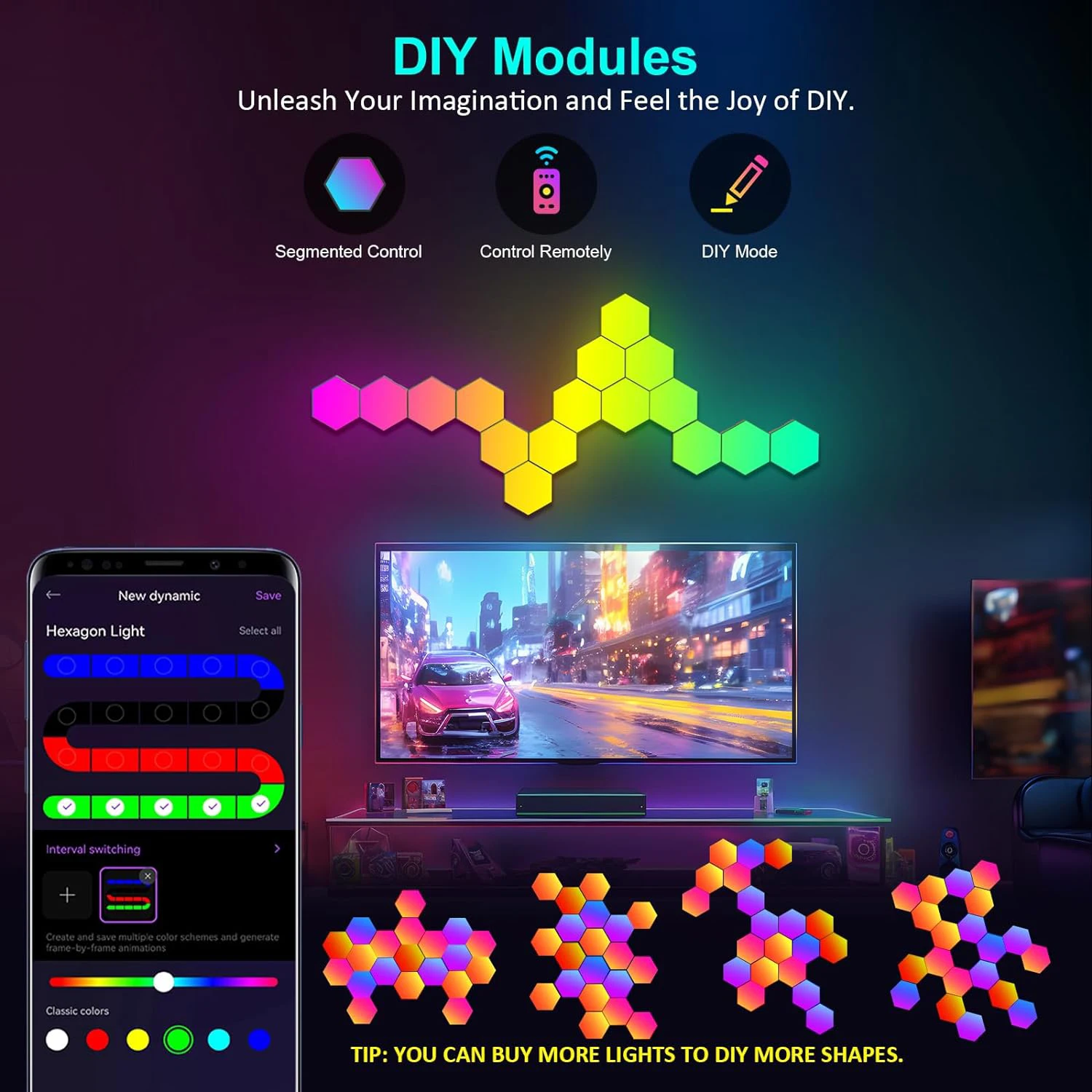 Lámpara de pared Hexagonal LED inteligente, Panel cuántico, sincronización de música, Control por aplicación para sala de juegos, dormitorio, decoración para sala de estar, regalo de cumpleaños y Navidad - Imagen 4