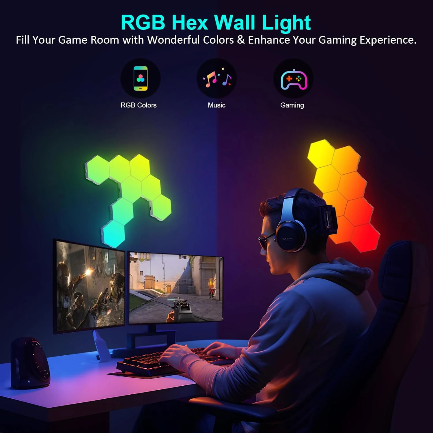 Lámpara de pared Hexagonal LED inteligente, Panel cuántico, sincronización de música, Control por aplicación para sala de juegos, dormitorio, decoración para sala de estar, regalo de cumpleaños y Navidad - Imagen 5