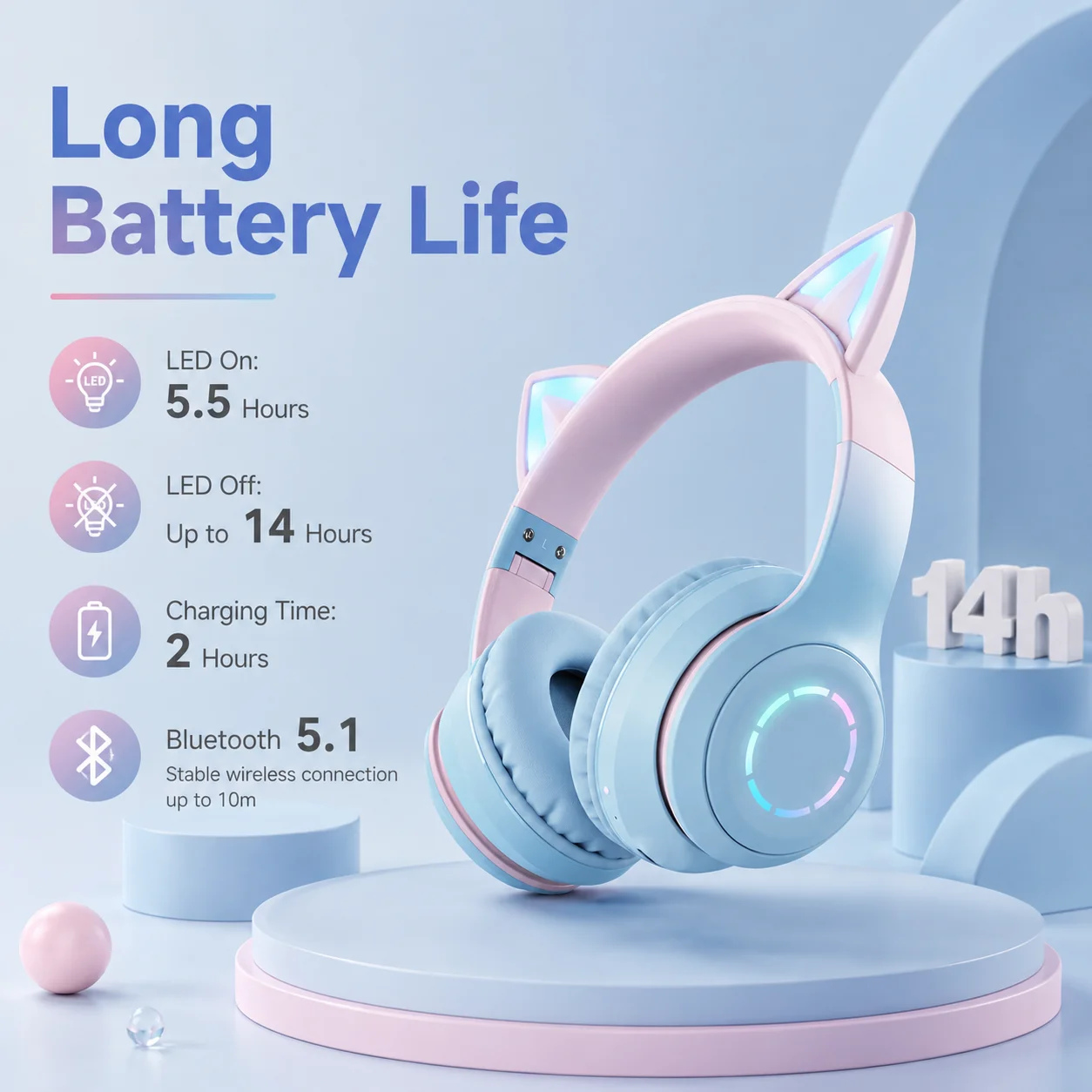 Auriculares con Orejas de Gato, Bluetooth 5.1, Inalámbricos, con Luz RGB, Micrófono Desmontable, Controladores Estéreo de 40 mm, para Juegos, Llamadas y Música - AliExpress - Imagen 6