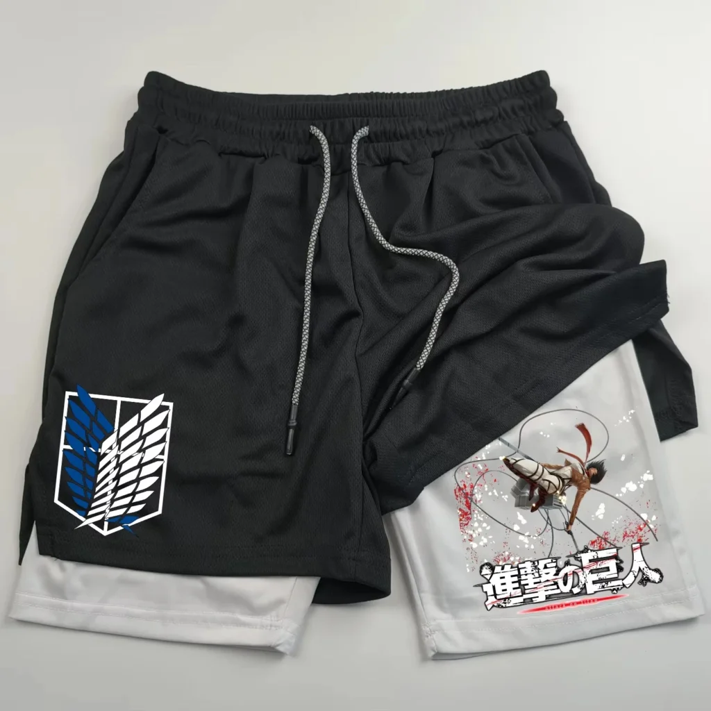 Pantalones cortos deportivos 2 en 1 con estampado de colaboración de Anime Attack on Titan, novedad de verano, pantalones cortos deportivos para correr para hombres y mujeres - AliExpress 26