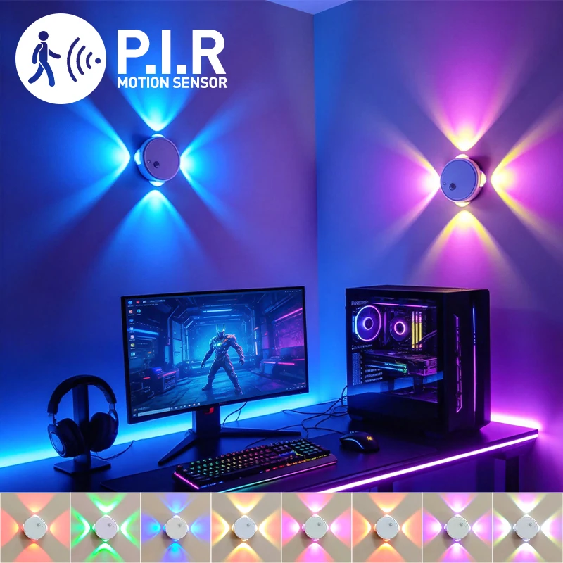 Luz Ambiental Inteligente LED RGB para Juegos con Sensor de Movimiento PIR, Lámpara de Pared Magnética Recargable, Luz Ambiental Decorativa