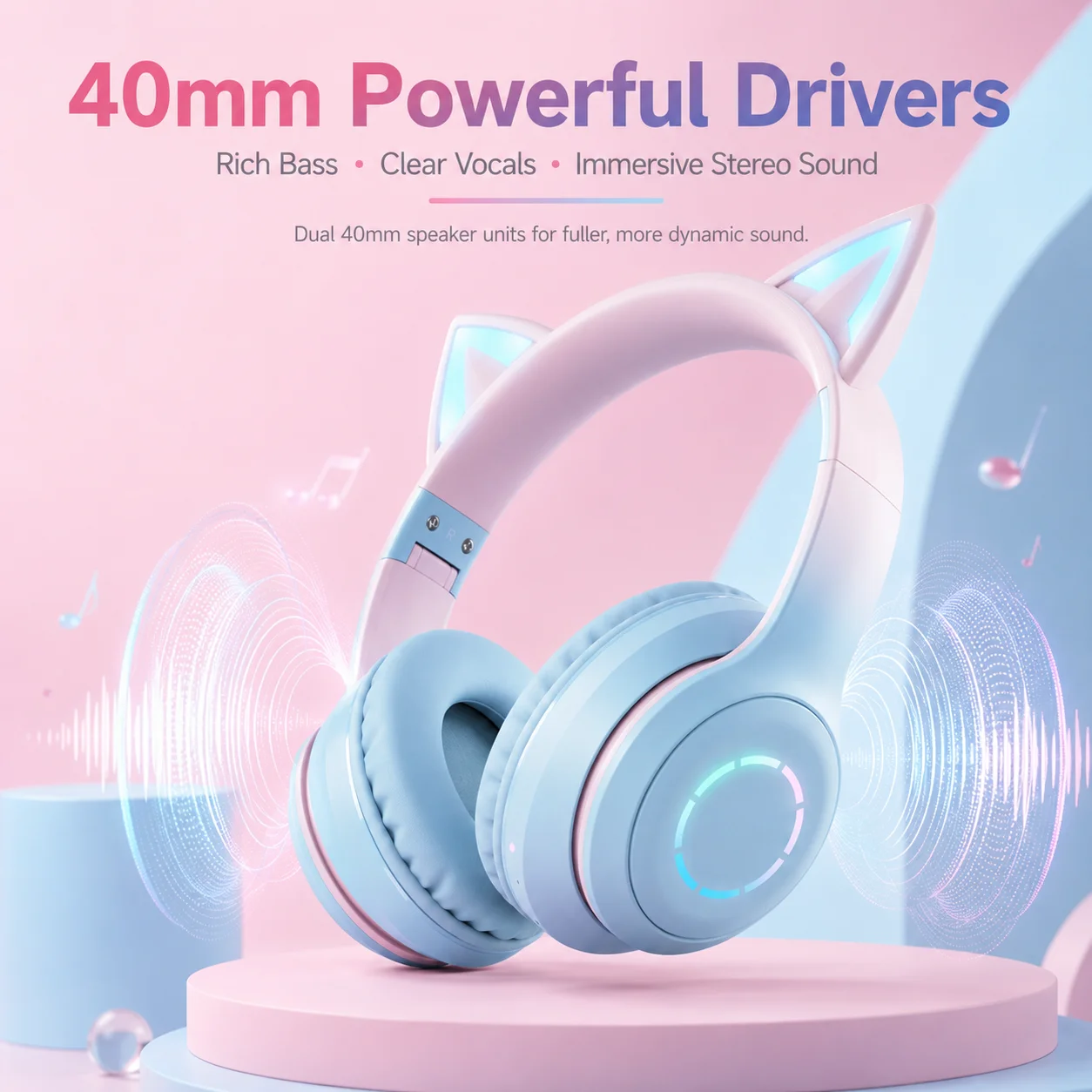Auriculares con Orejas de Gato, Bluetooth 5.1, Inalámbricos, con Luz RGB, Micrófono Desmontable, Controladores Estéreo de 40 mm, para Juegos, Llamadas y Música - AliExpress - Imagen 5